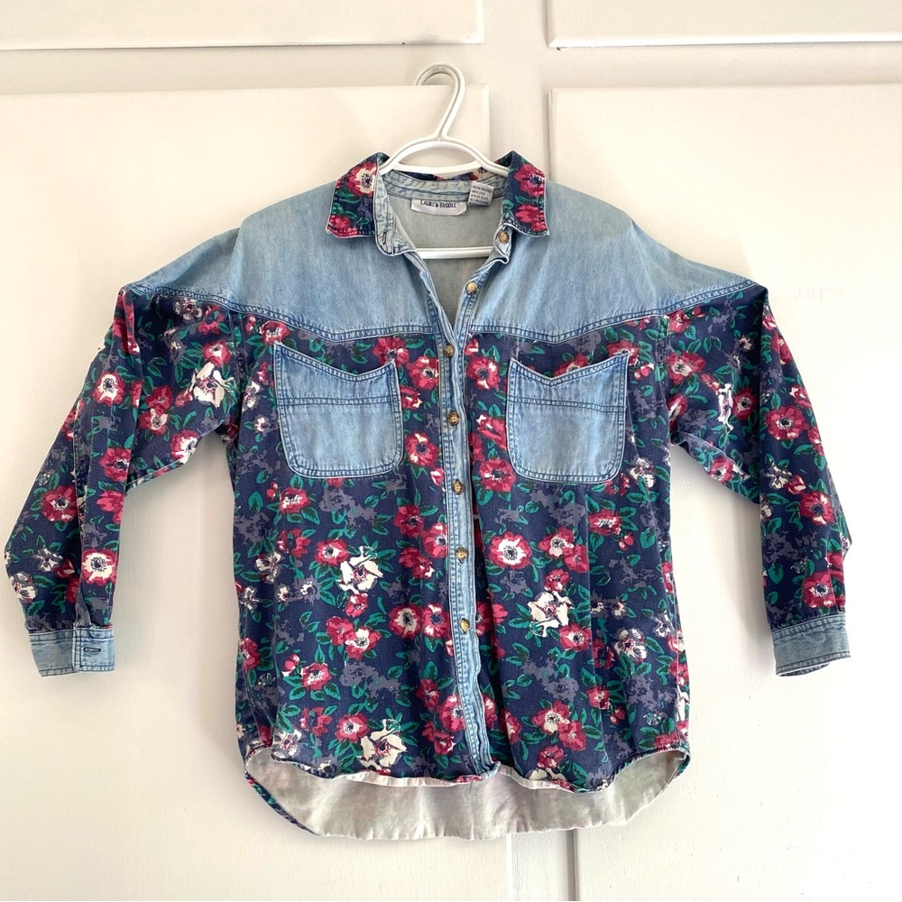 Vintage 90's Lauren Brooke Floral Denim Button-up L Layer, Festival, Cottage